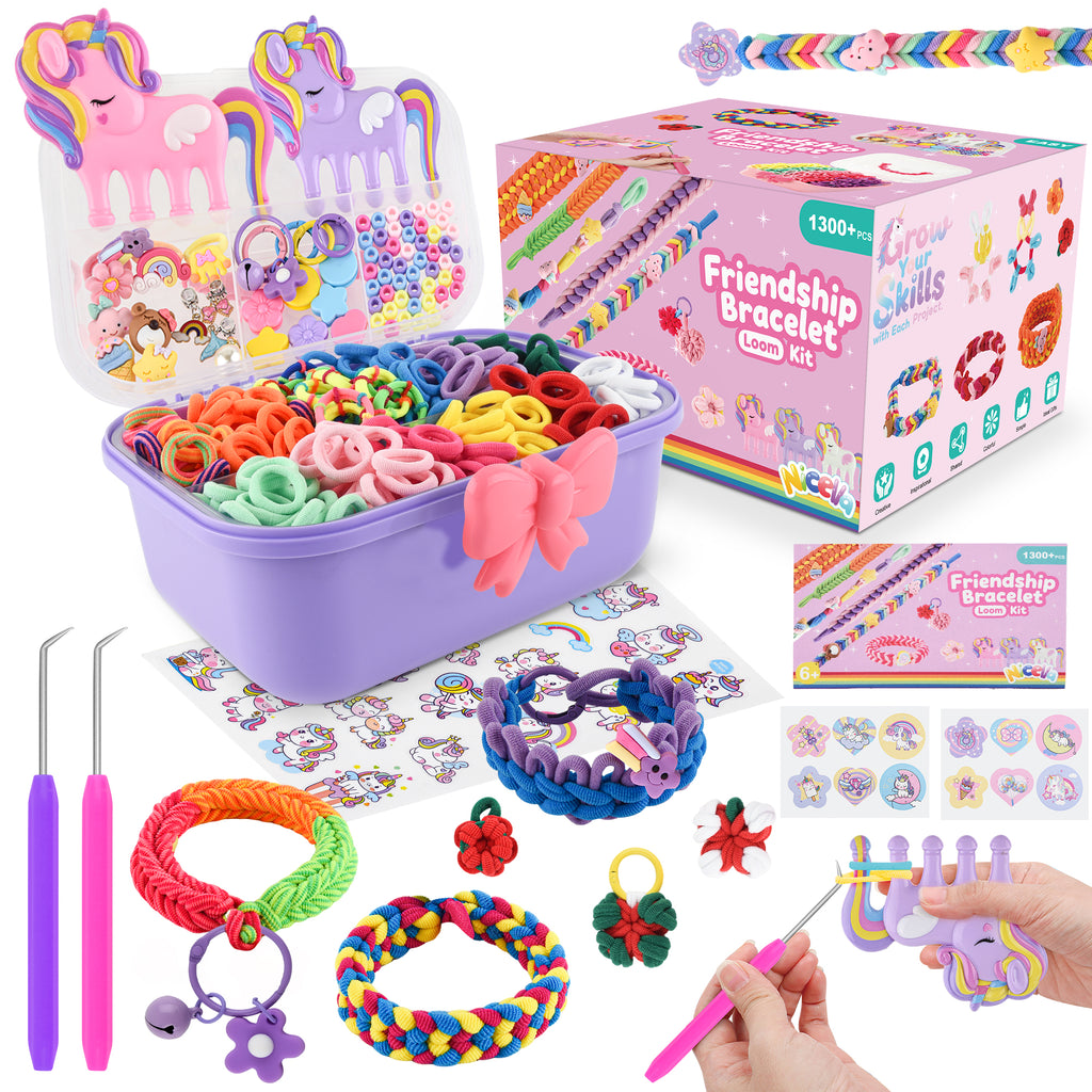 Nicella Bracelet Making Kit for Girls, 1200+Pcs Rubber Bands Bracelet Kit with 2 Unicorn Weaving Loom Tool, Art and Craft Kit Toy, Birthday Gift for Girls Kids 6–12 (Purple)