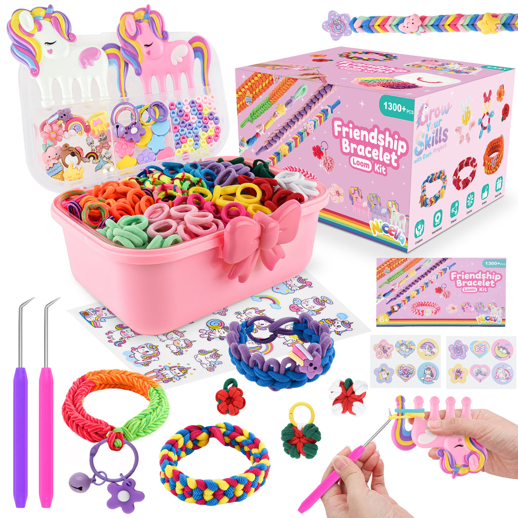 Nicella Bracelet Making Kit for Girls, 1200+Pcs Rubber Bands Bracelet Kit with 2 Unicorn Weaving Loom Tool, Art and Craft Kit Toy, Birthday Gift for Girls Kids 6–12(Pink)