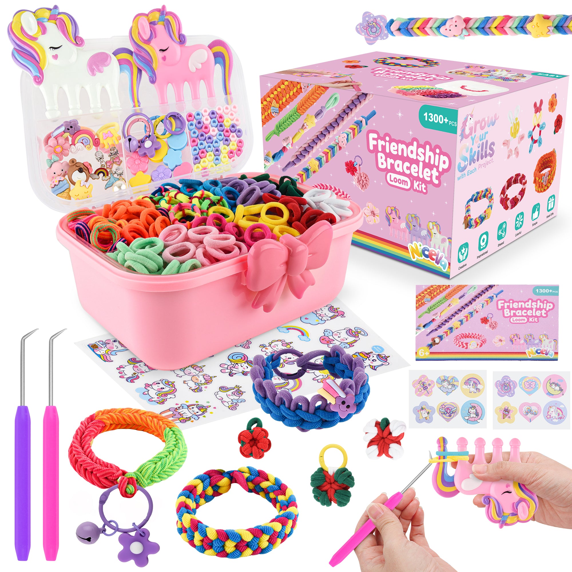 Nicella Bracelet Making Kit for Girls, 1200+Pcs Rubber Bands Bracelet Kit with 2 Unicorn Weaving Loom Tool, Art and Craft Kit Toy, Birthday Gift for Girls Kids 6–12(Pink)