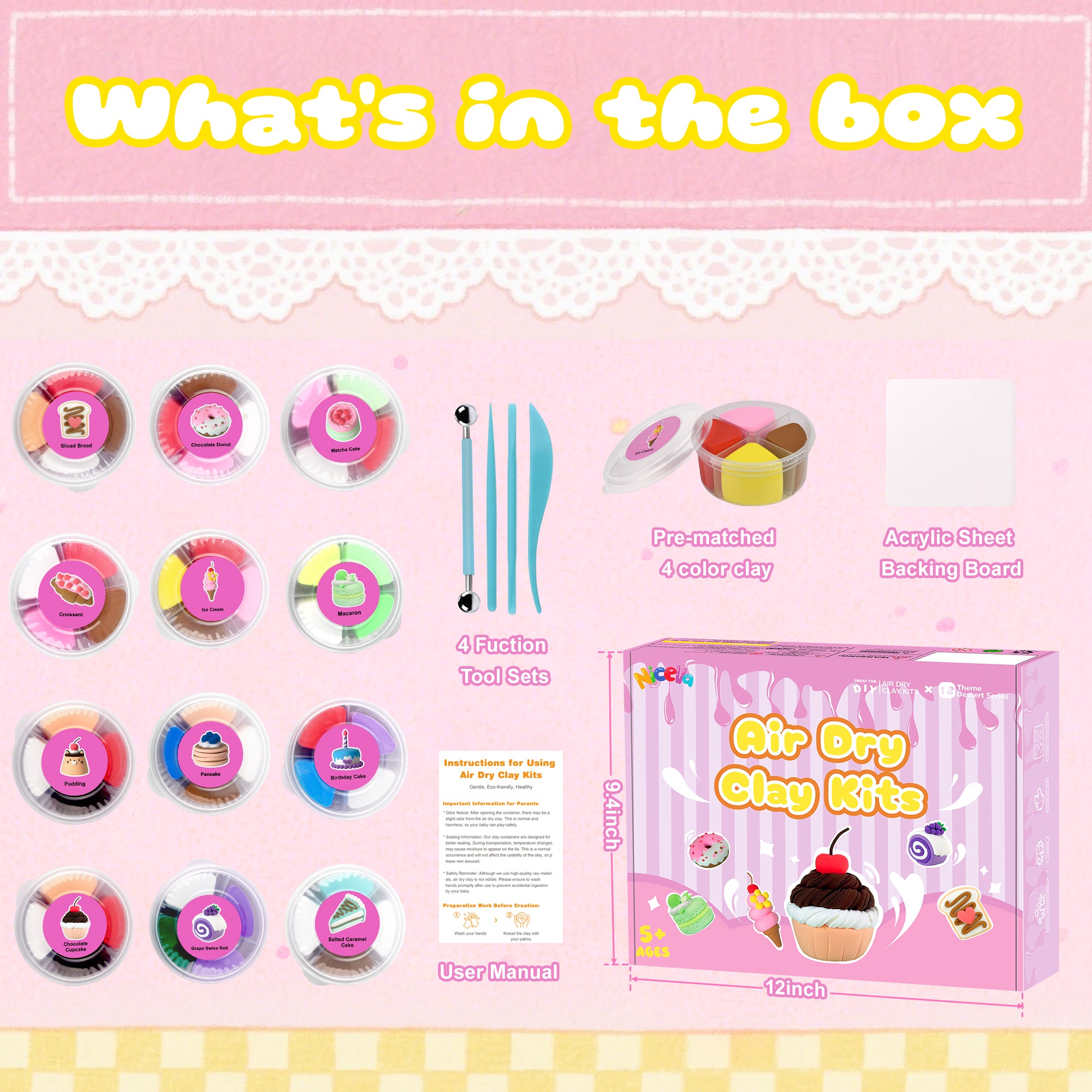 Nicella Air Dry Clay for Kids-12 Cake Modeling Clay , Molding Clay with Sculpting Tools & Tutorials, Ultra Light & Safe, DIY Arts and Crafts Gift for Girls Boys Ages 3+