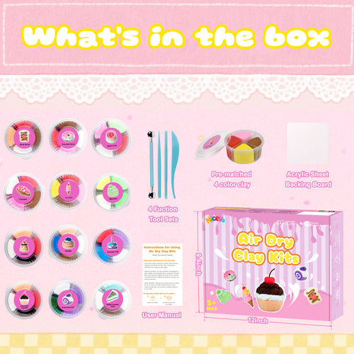 Nicella Air Dry Clay for Kids-12 Cake Modeling Clay , Molding Clay with Sculpting Tools & Tutorials, Ultra Light & Safe, DIY Arts and Crafts Gift for Girls Boys Ages 3+