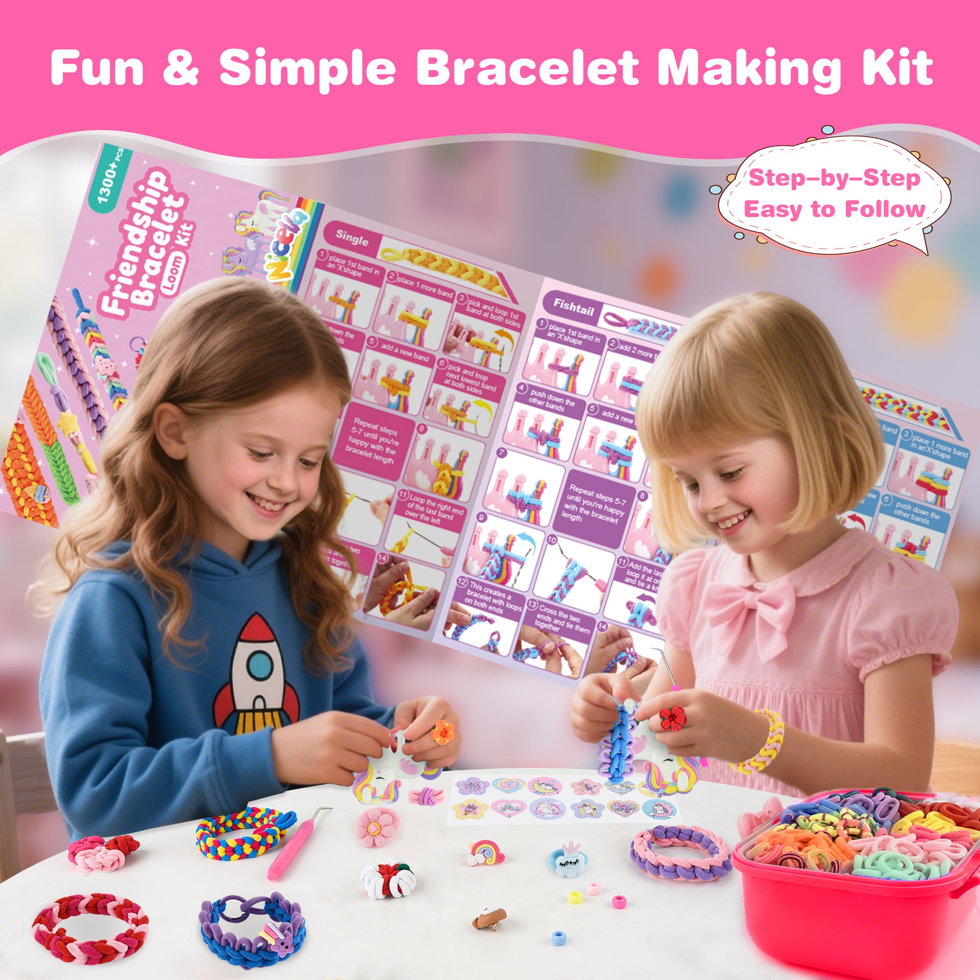 Nicella Bracelet Making Kit for Girls, 1200+Pcs Rubber Bands Bracelet Kit with 2 Unicorn Weaving Loom Tool, Art and Craft Kit Toy, Birthday Gift for Girls Kids 6–12 (Purple)