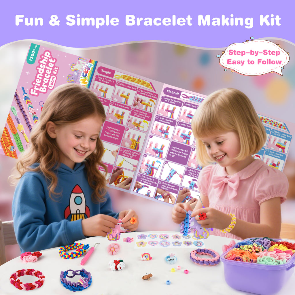 Nicella Bracelet Making Kit for Girls, 1200+Pcs Rubber Bands Bracelet Kit with 2 Unicorn Weaving Loom Tool, Art and Craft Kit Toy, Birthday Gift for Girls Kids 6–12 (Purple)