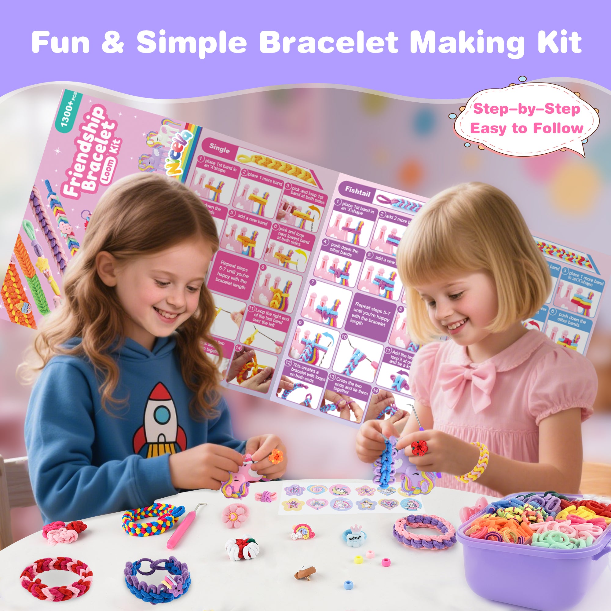 Nicella Bracelet Making Kit for Girls, 1200+Pcs Rubber Bands Bracelet Kit with 2 Unicorn Weaving Loom Tool, Art and Craft Kit Toy, Birthday Gift for Girls Kids 6–12 (Purple)