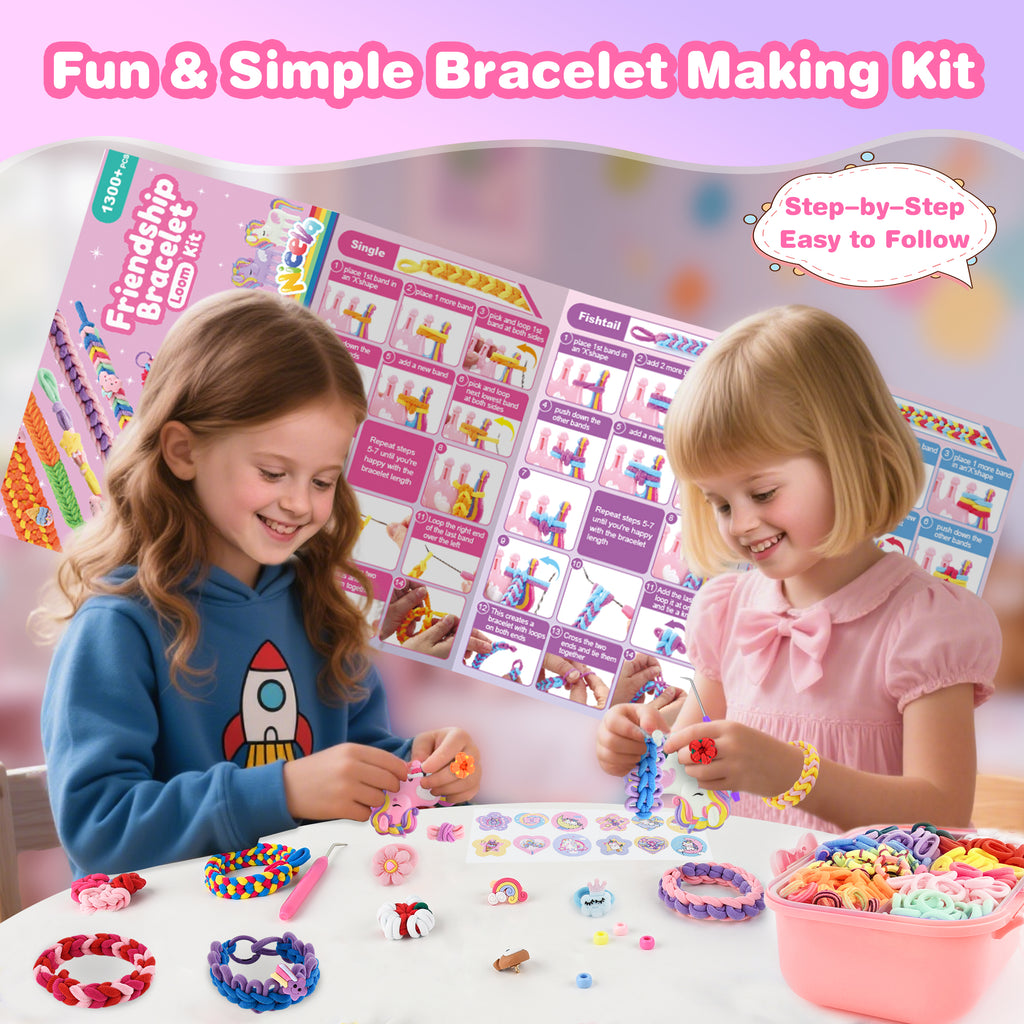 Nicella Bracelet Making Kit for Girls, 1200+Pcs Rubber Bands Bracelet Kit with 2 Unicorn Weaving Loom Tool, Art and Craft Kit Toy, Birthday Gift for Girls Kids 6–12(Pink)