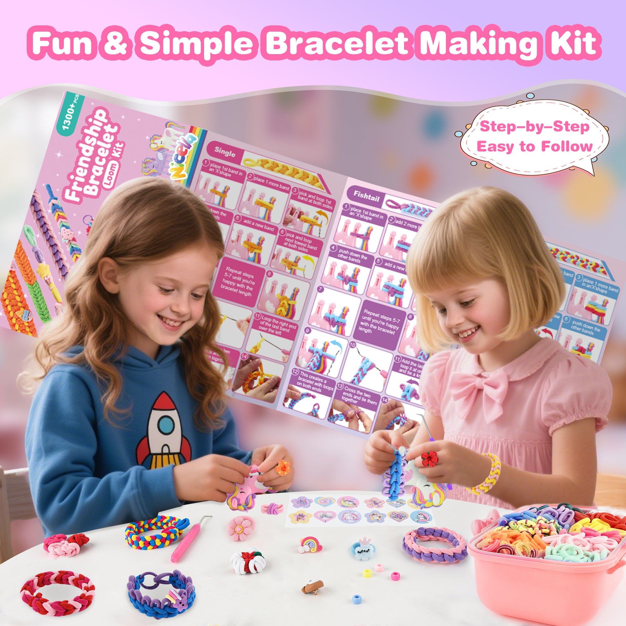 Nicella Bracelet Making Kit for Girls, 1200+Pcs Rubber Bands Bracelet Kit with 2 Unicorn Weaving Loom Tool, Art and Craft Kit Toy, Birthday Gift for Girls Kids 6–12(Pink)
