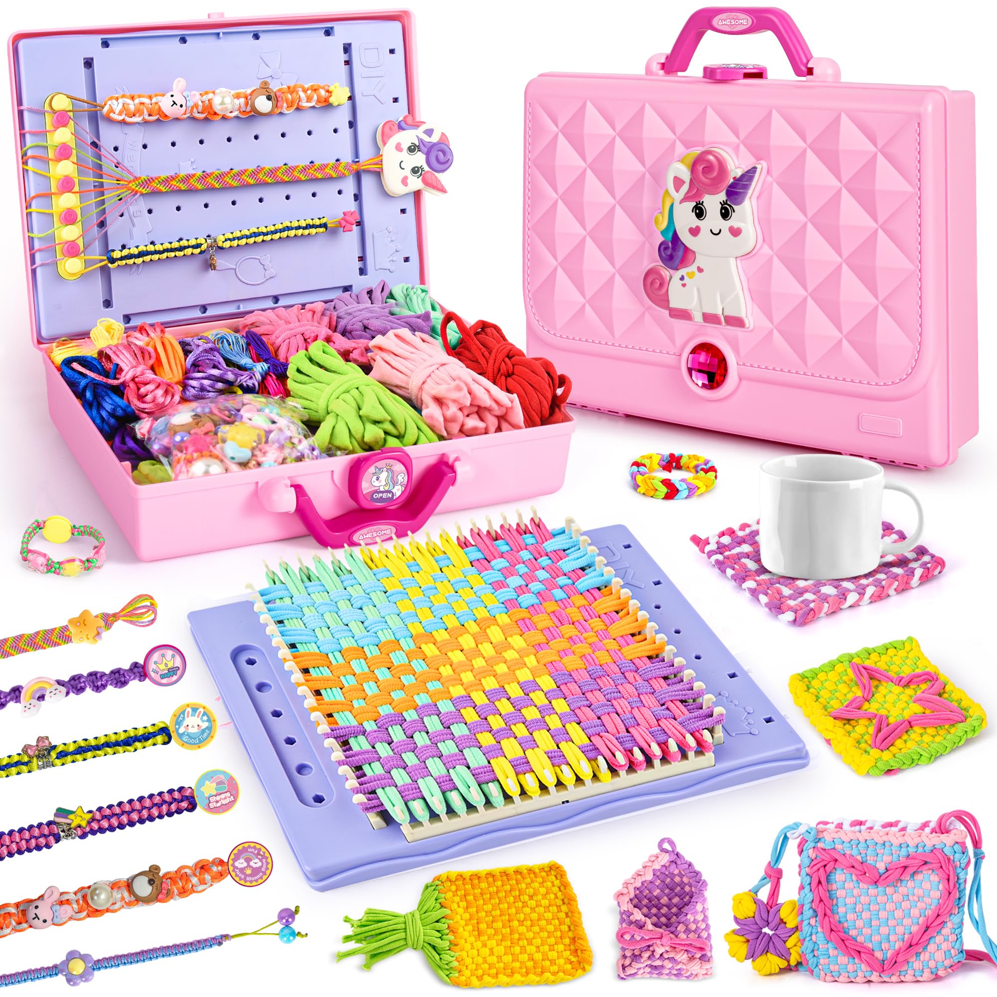 Unicorn 2-in-1 Friendship Bracelet Kit, Weaving Loom Toy for Kids, Crafts Kit for Girls age 6-12, Knitting Activity DIY Toys Birthday Gift for Girls Ages 6 to 12