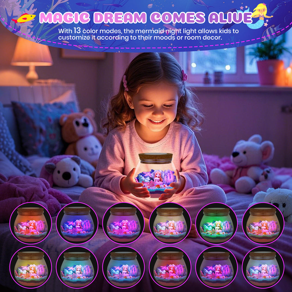 Nicella Mermaid Terrarium Crafts Kit for Kids, LED Night Light Birthday Gift for Girls Ages 4 5 6 7 8 9 10 Year Old, Mermaid Toys for Kids
