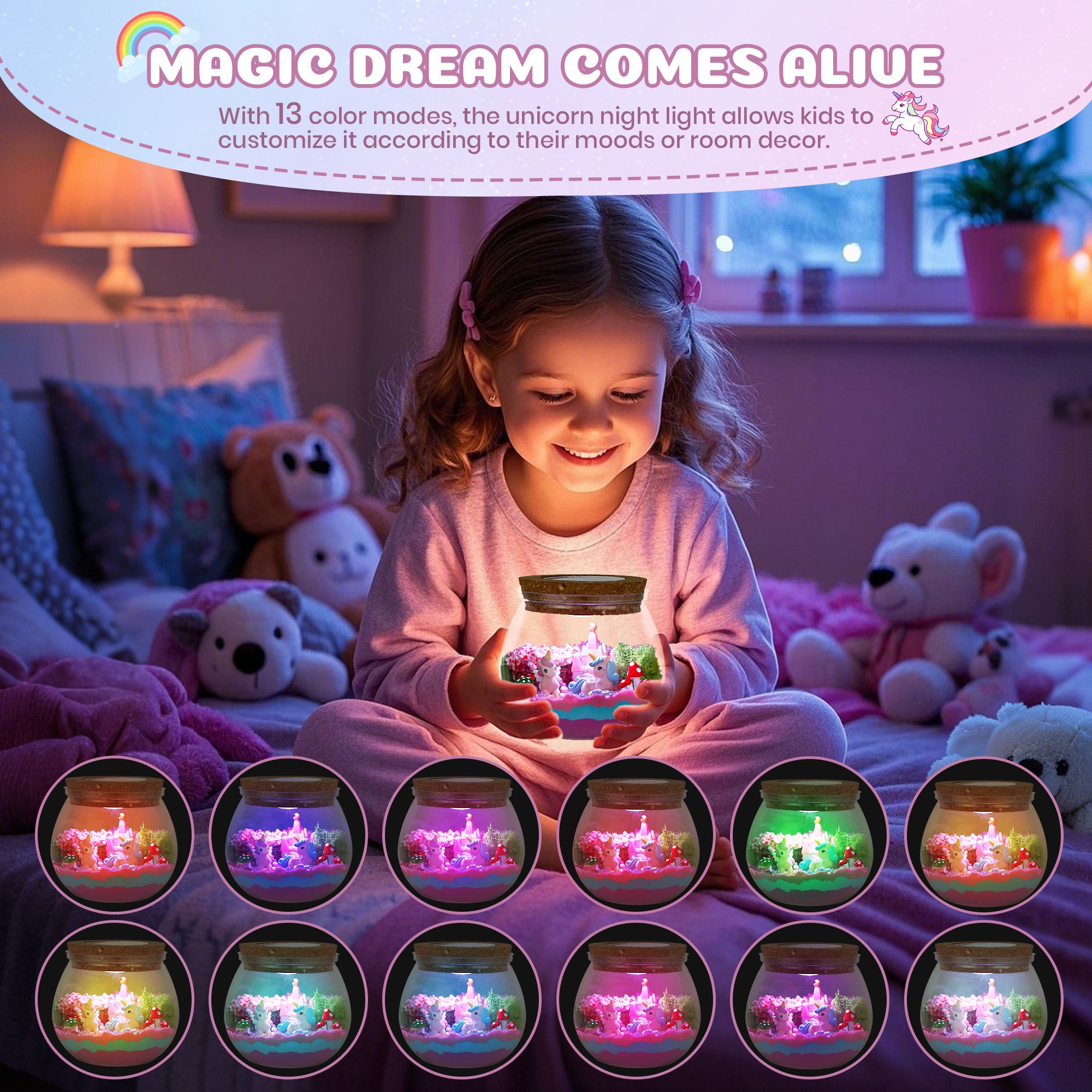 Nicella Unicorn Light Up Terrarium Kit for Kids, LED Night Light Birthday Gift for Girls Ages 4 5 6 7 8 9 10 Year Old, Unicorn Toys for Girls, DIY Arts and Crafts Kit for Kids