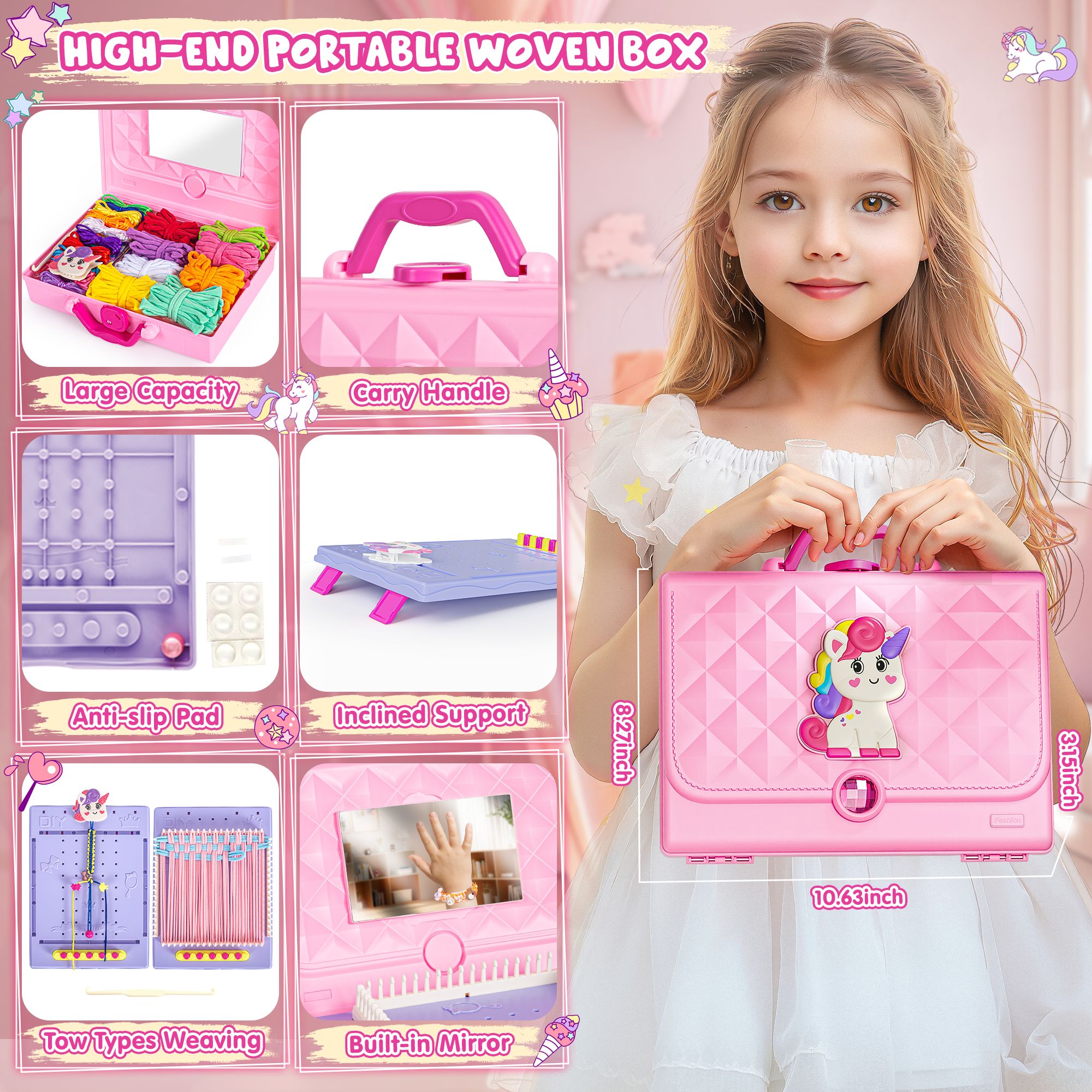 Unicorn 2-in-1 Friendship Bracelet Kit, Weaving Loom Toy for Kids, Crafts Kit for Girls age 6-12, Knitting Activity DIY Toys Birthday Gift for Girls Ages 6 to 12