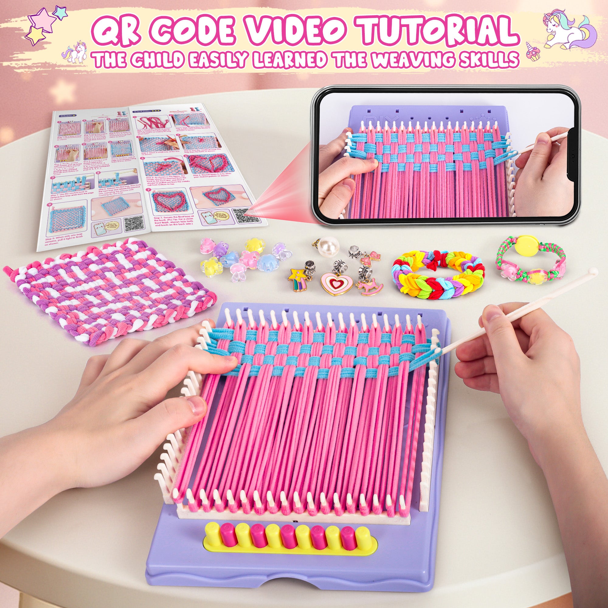Unicorn 2-in-1 Friendship Bracelet Kit, Weaving Loom Toy for Kids, Crafts Kit for Girls age 6-12, Knitting Activity DIY Toys Birthday Gift for Girls Ages 6 to 12