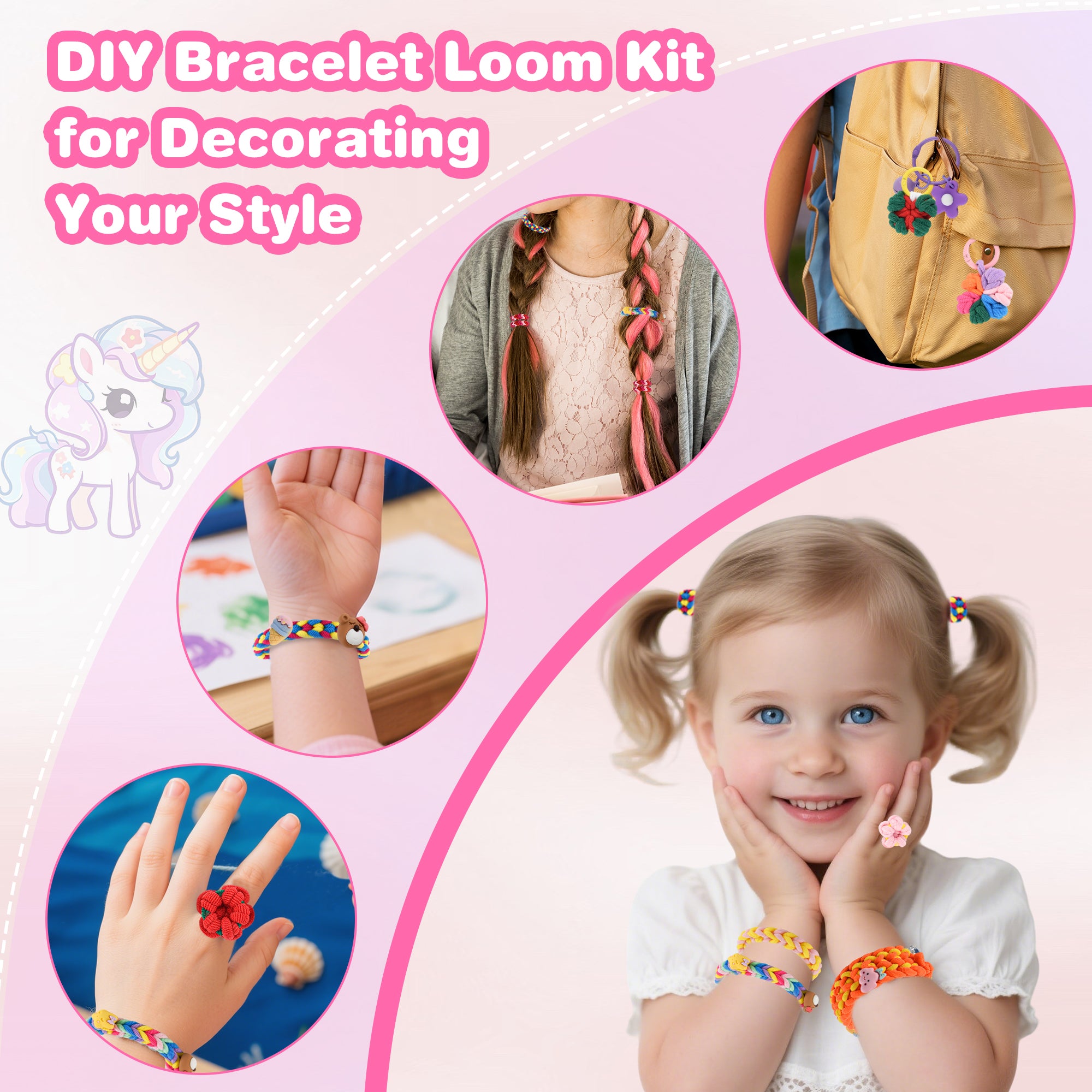 Nicella Bracelet Making Kit for Girls, 1200+Pcs Rubber Bands Bracelet Kit with 2 Unicorn Weaving Loom Tool, Art and Craft Kit Toy, Birthday Gift for Girls Kids 6–12(Pink)