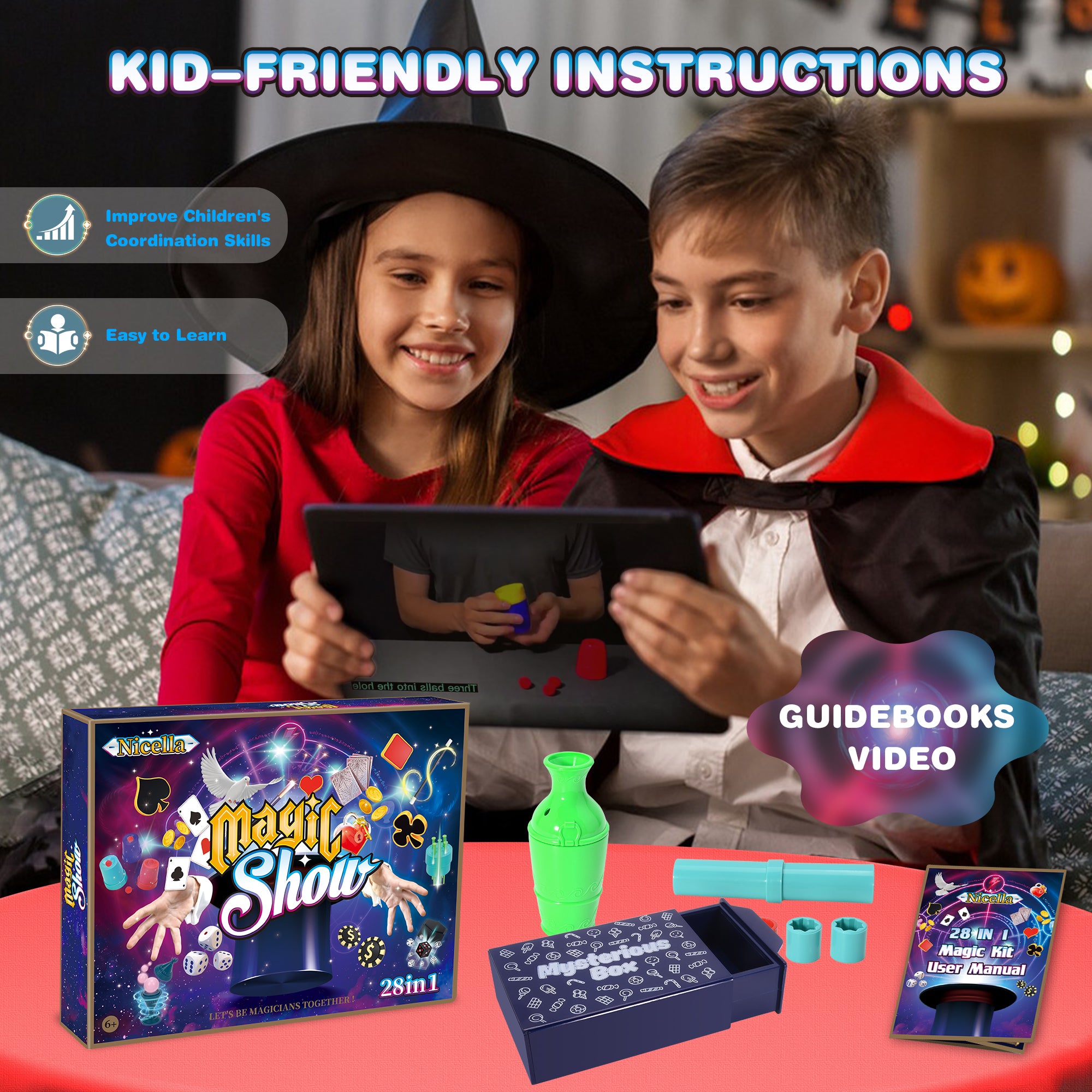 Nicella Magic Kit for Kids, 109+ Magic Tricks with Manual and Video Tutorials, STEM Toy Magic Toy for Boys Girls,Birthday Gift for Kids Age 6-12 Years Old