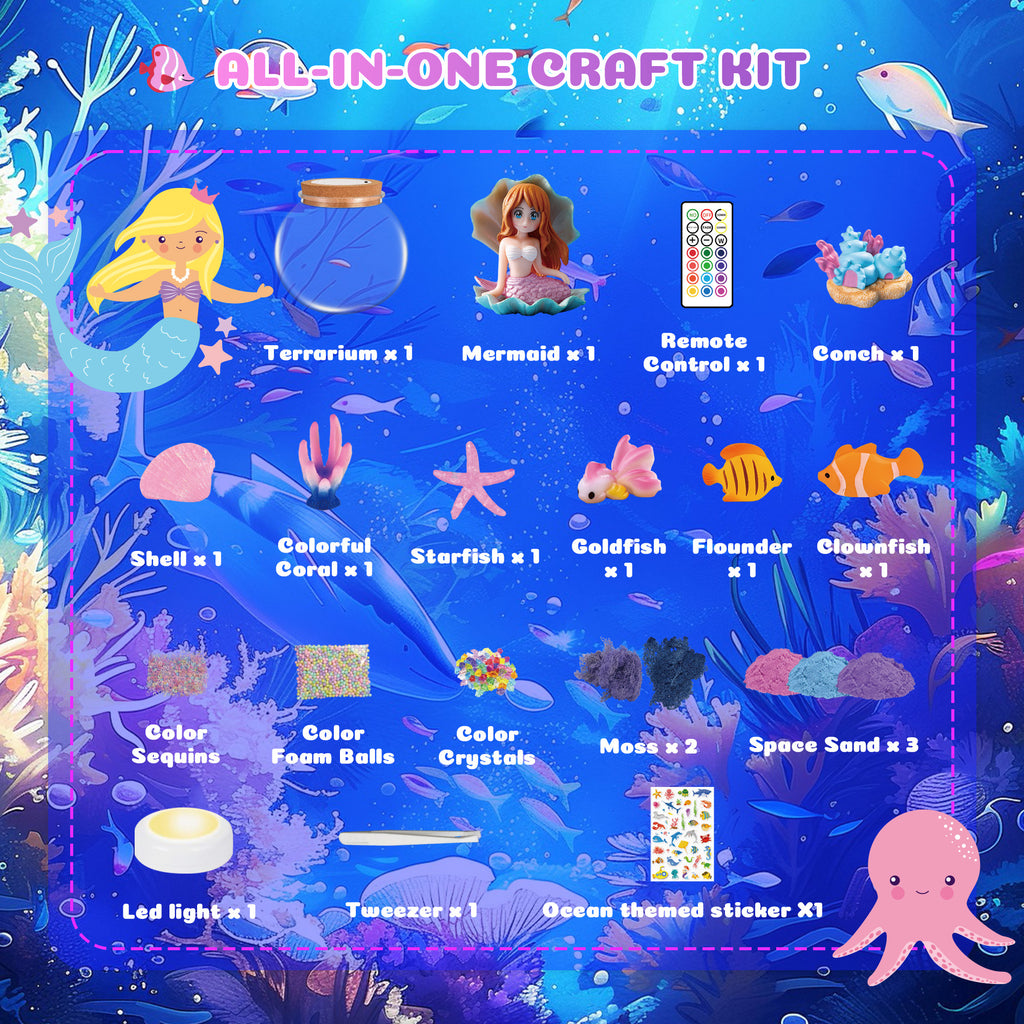 Nicella Mermaid Terrarium Crafts Kit for Kids, LED Night Light Birthday Gift for Girls Ages 4 5 6 7 8 9 10 Year Old, Mermaid Toys for Kids