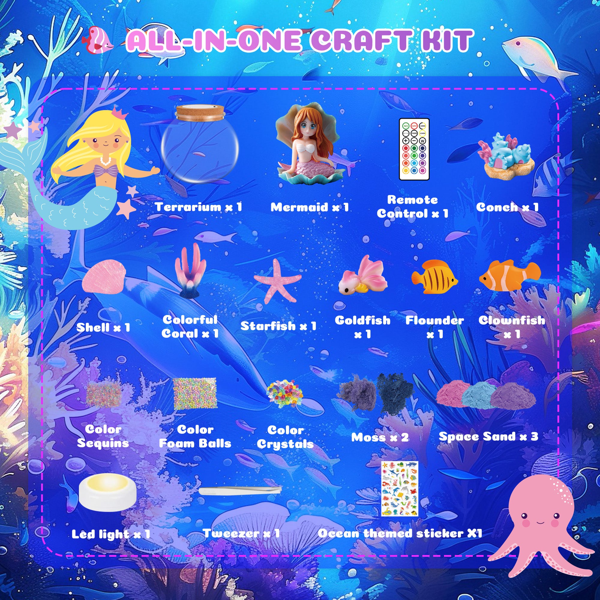 Nicella Mermaid Terrarium Crafts Kit for Kids, LED Night Light Birthday Gift for Girls Ages 4 5 6 7 8 9 10 Year Old, Mermaid Toys for Kids