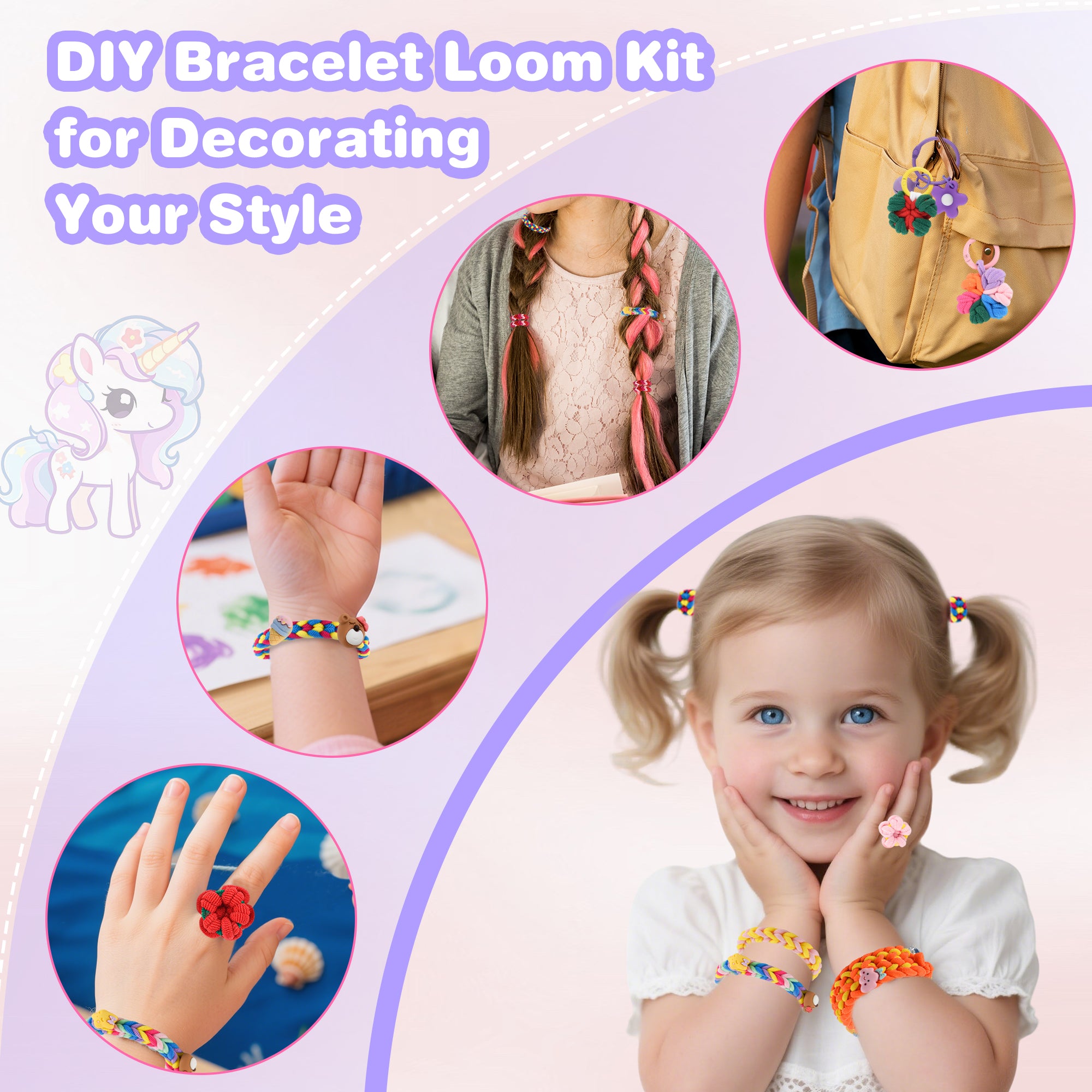 Nicella Bracelet Making Kit for Girls, 1200+Pcs Rubber Bands Bracelet Kit with 2 Unicorn Weaving Loom Tool, Art and Craft Kit Toy, Birthday Gift for Girls Kids 6–12 (Purple)