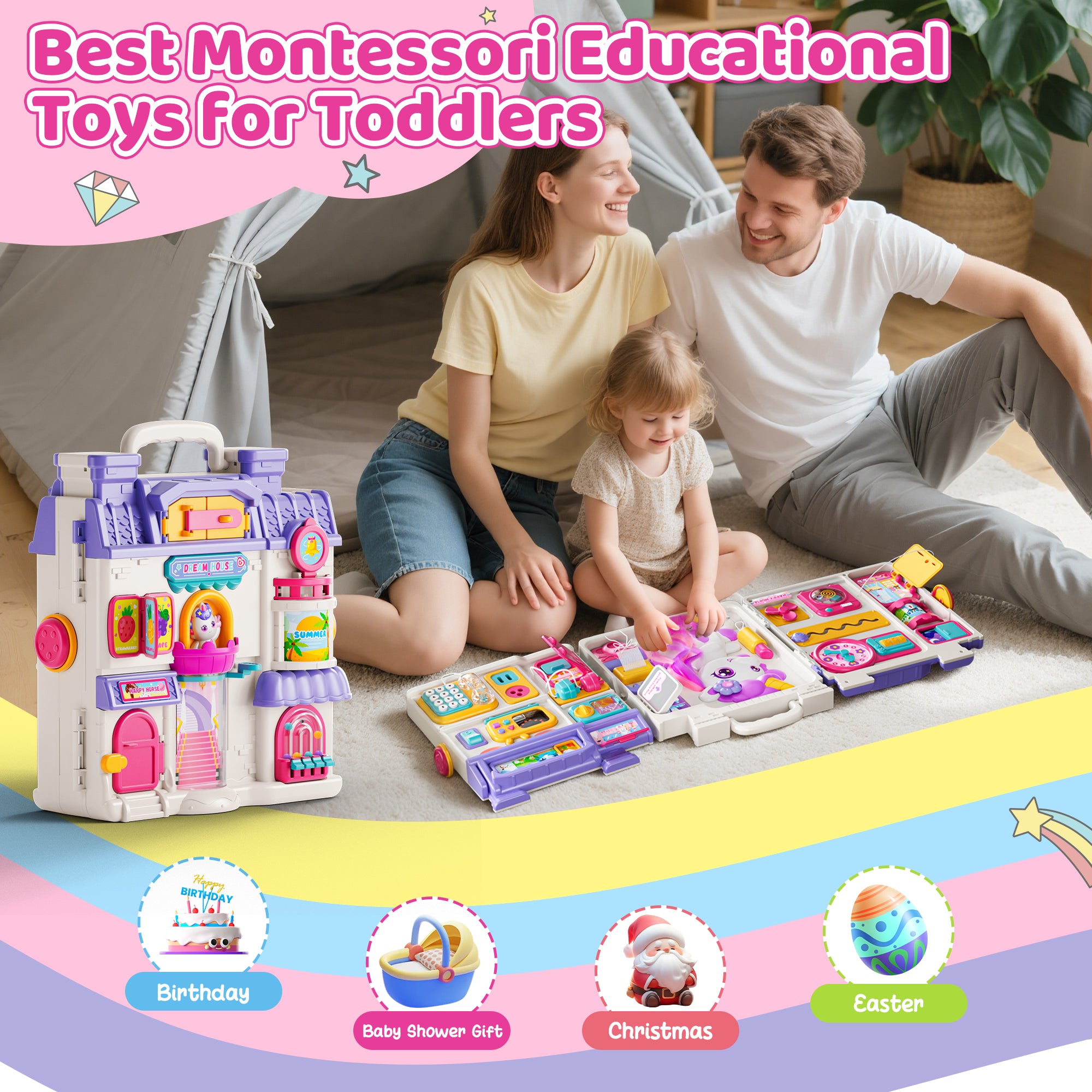 Nicella Busy Board Montessori Toy for 1 Year Old Girls - 56-in-1 Early Learning Toy for Toddlers, Perfect Birthday Gift for 1-3 Year Old Boys & Girls