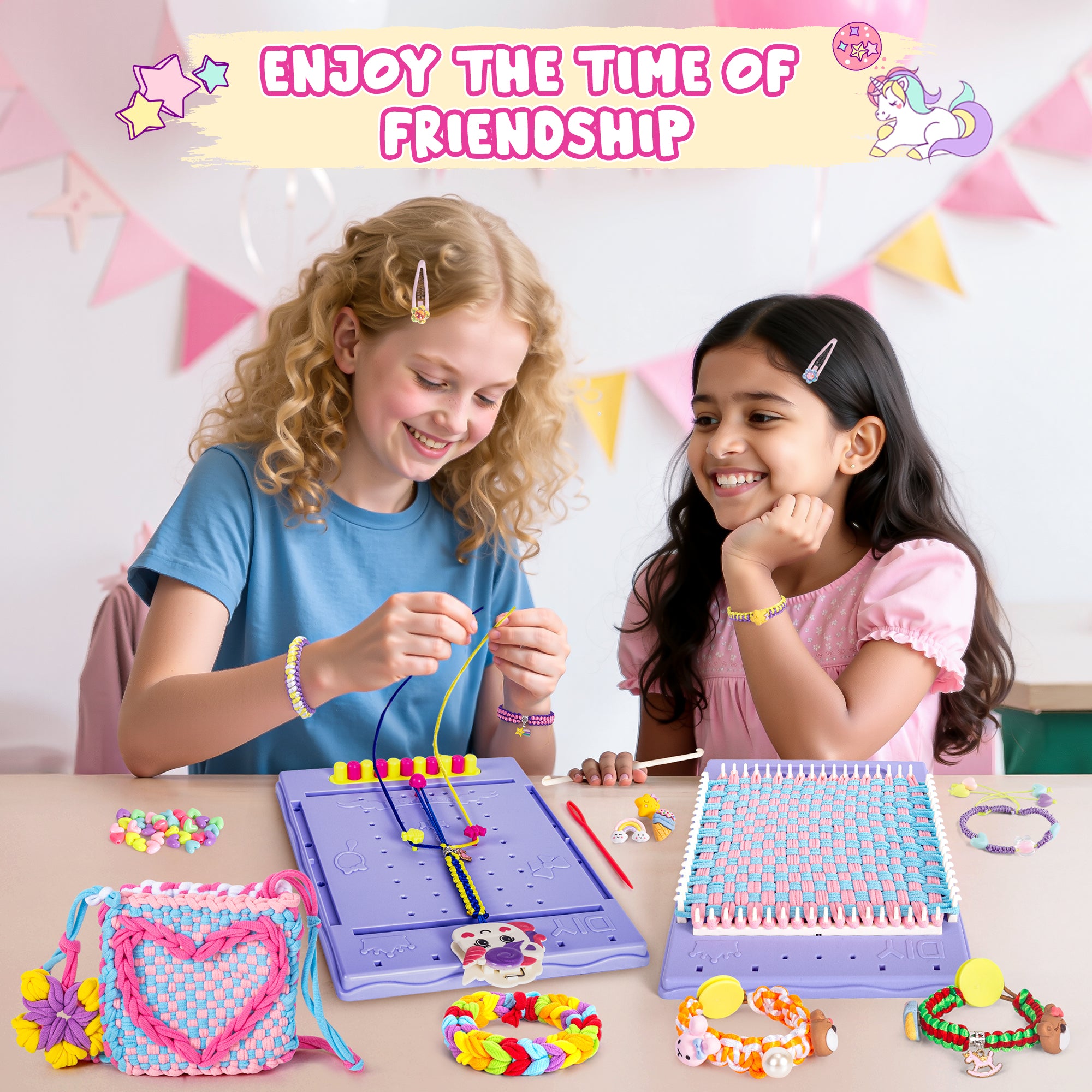 Unicorn 2-in-1 Friendship Bracelet Kit, Weaving Loom Toy for Kids, Crafts Kit for Girls age 6-12, Knitting Activity DIY Toys Birthday Gift for Girls Ages 6 to 12
