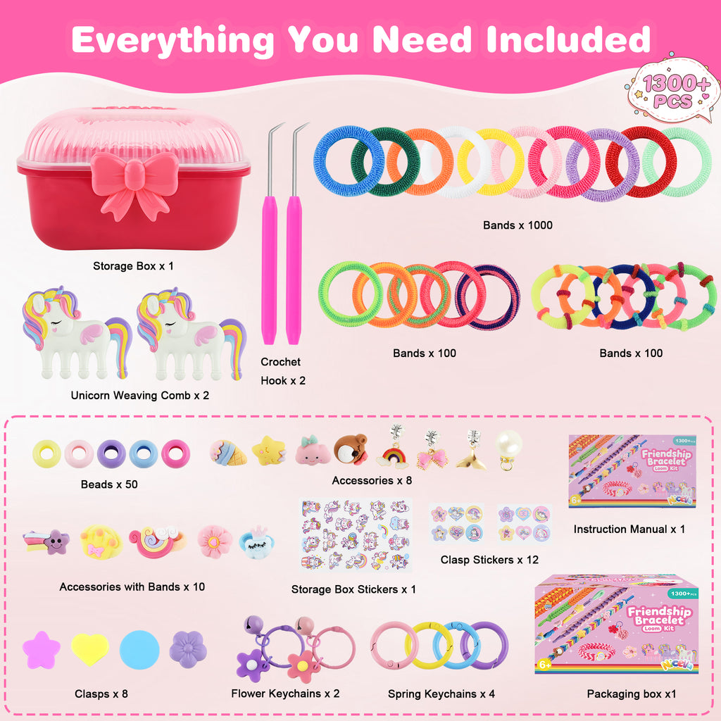 Nicella Bracelet Making Kit for Girls, 1200+Pcs Rubber Bands Bracelet Kit with 2 Unicorn Weaving Loom Tool, Art and Craft Kit Toy, Birthday Gift for Girls Kids 6–12 (Purple)