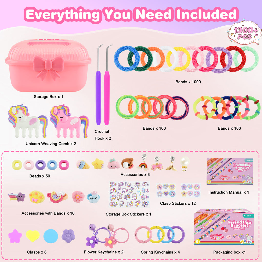 Nicella Bracelet Making Kit for Girls, 1200+Pcs Rubber Bands Bracelet Kit with 2 Unicorn Weaving Loom Tool, Art and Craft Kit Toy, Birthday Gift for Girls Kids 6–12(Pink)
