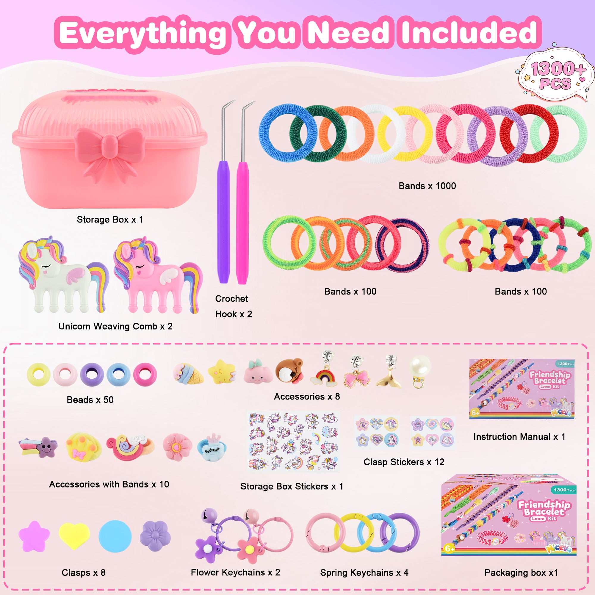 Nicella Bracelet Making Kit for Girls, 1200+Pcs Rubber Bands Bracelet Kit with 2 Unicorn Weaving Loom Tool, Art and Craft Kit Toy, Birthday Gift for Girls Kids 6–12(Pink)
