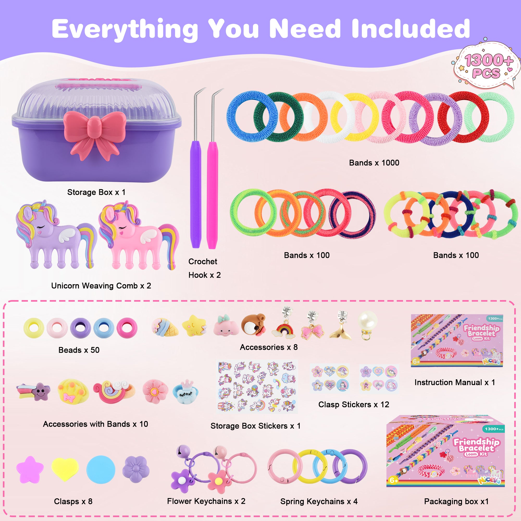 Nicella Bracelet Making Kit for Girls, 1200+Pcs Rubber Bands Bracelet Kit with 2 Unicorn Weaving Loom Tool, Art and Craft Kit Toy, Birthday Gift for Girls Kids 6–12 (Purple)